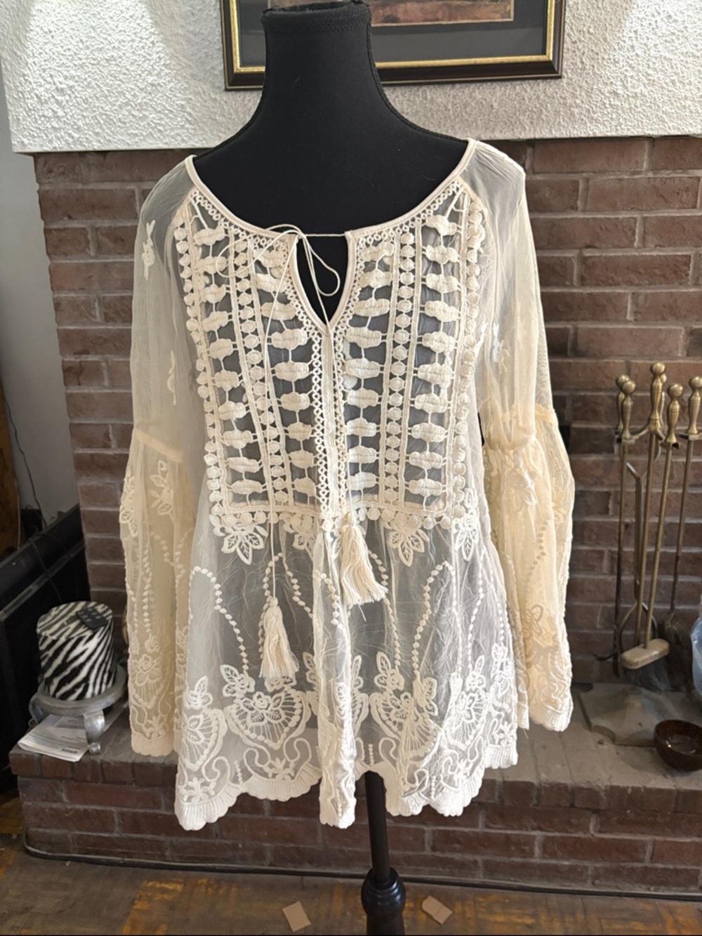 Boho Lace Embroidered Cream Peasant Blouse